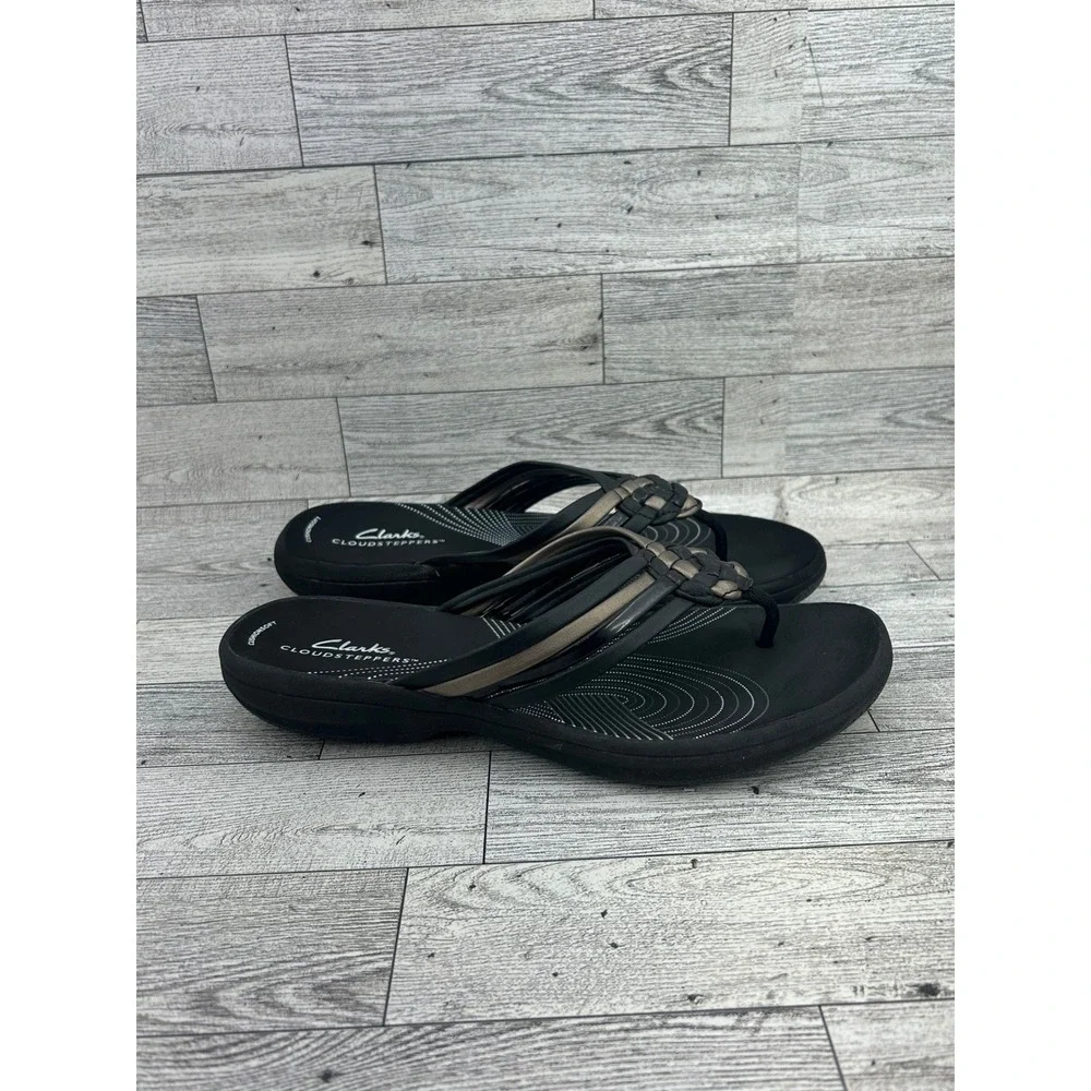Clarks‎ Cloudsteppers Arla Kaylie Women Size 7 Black Pewter Flip Flop Sandals